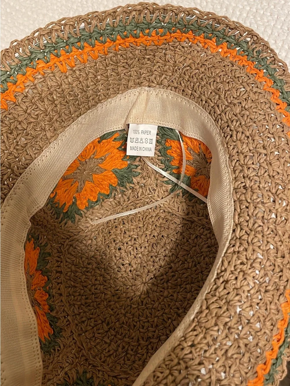Handmade Brown Crochet Sun Hat with Orange Floral Accents